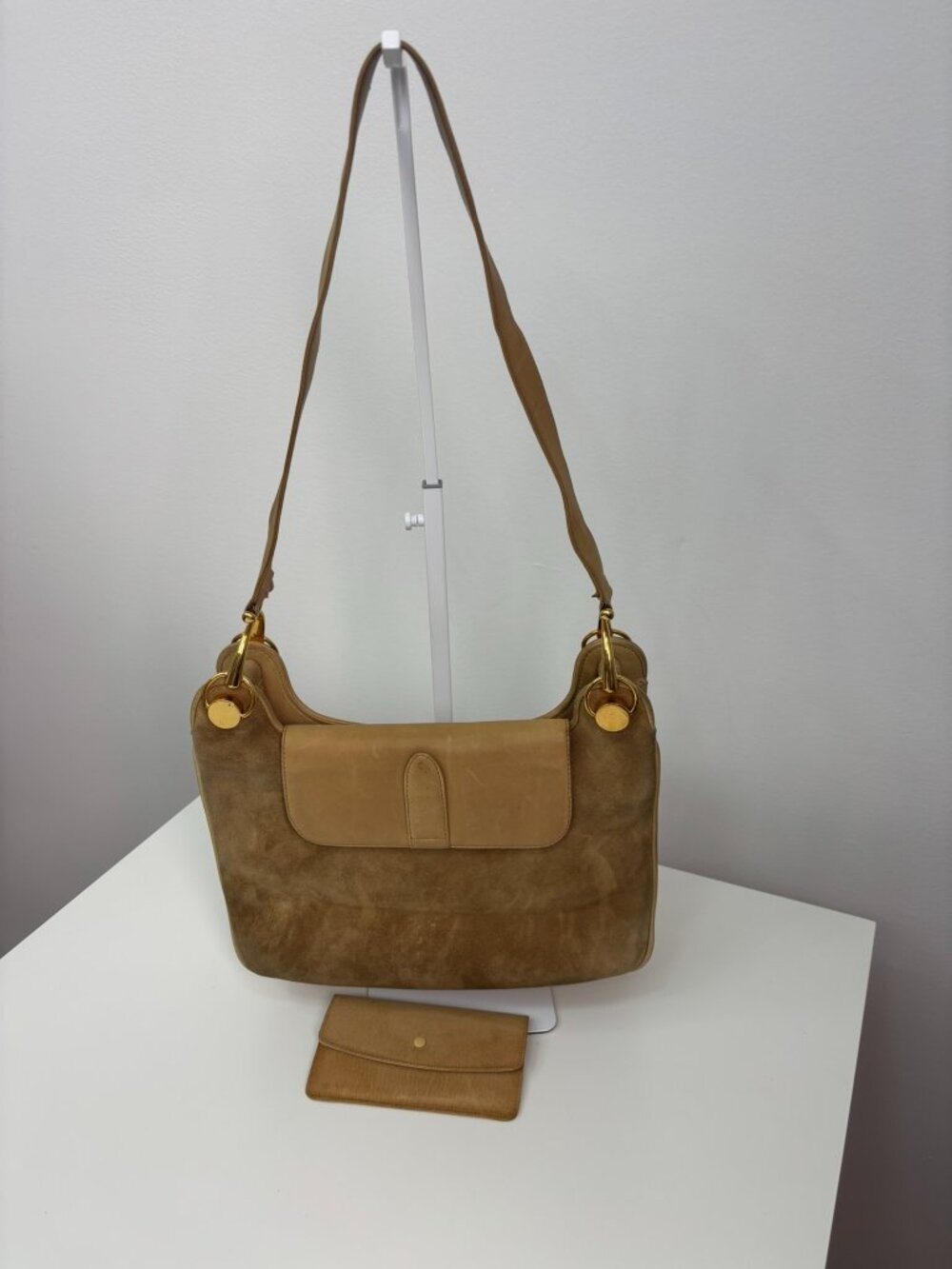 RARE 3pc Set Vintage 70s GUCCI Camel Suede Flap Hobo Shoulder Bag Wallet Mirror